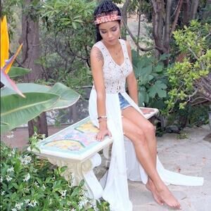 Jhene Aiko for Neff Crochet Dress Small White Cream Sundress Boho Festival Maxi